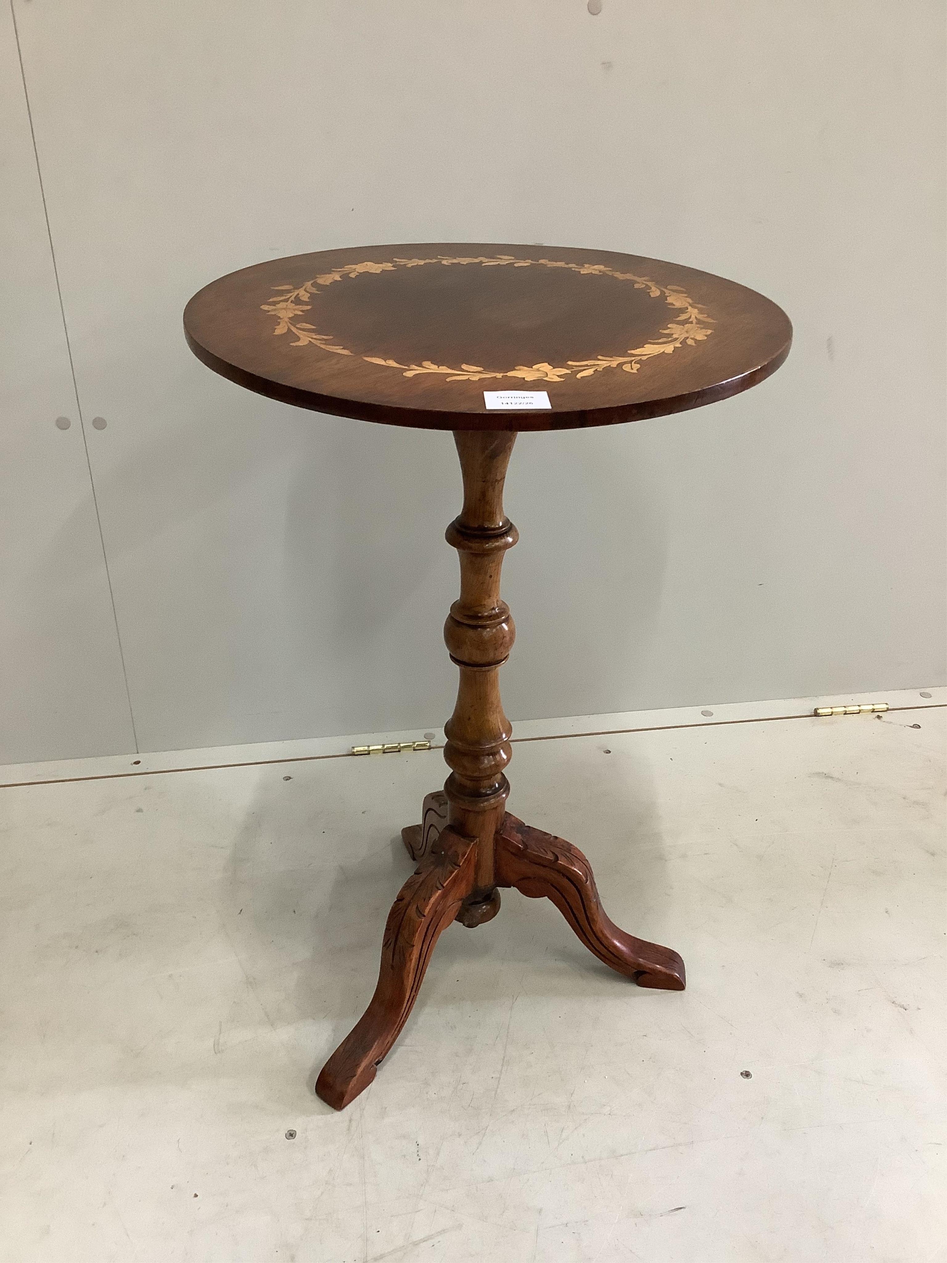 A Victorian and later inlaid mahogany circular tripod wine table, diameter 46cm, height 69cm